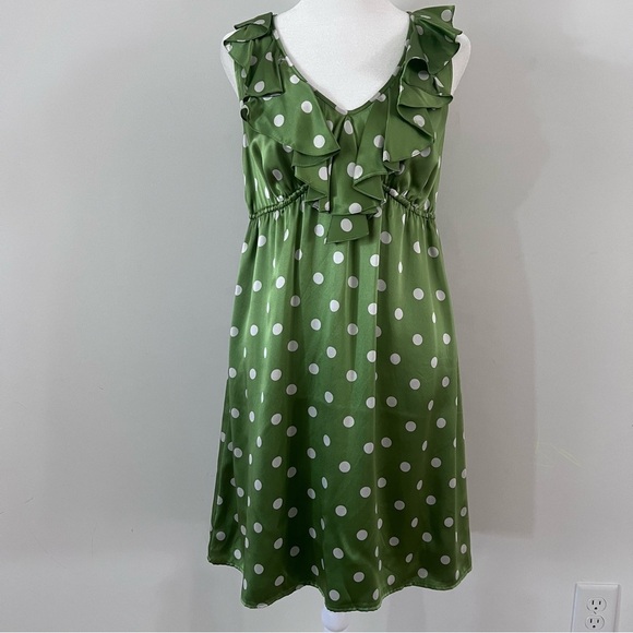 LOFT Green & White Silk Polka Dot Ruffle Keyhole back Dress | Size 4| - Picture 1 of 5